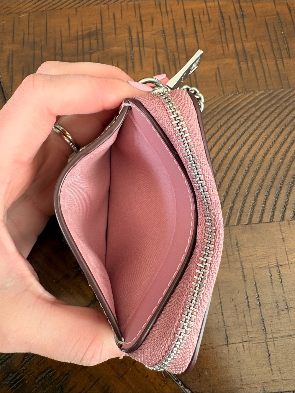 Coach Brown Signature Card Case with Pink Trim and Silver Chain - Picture 4 of 10